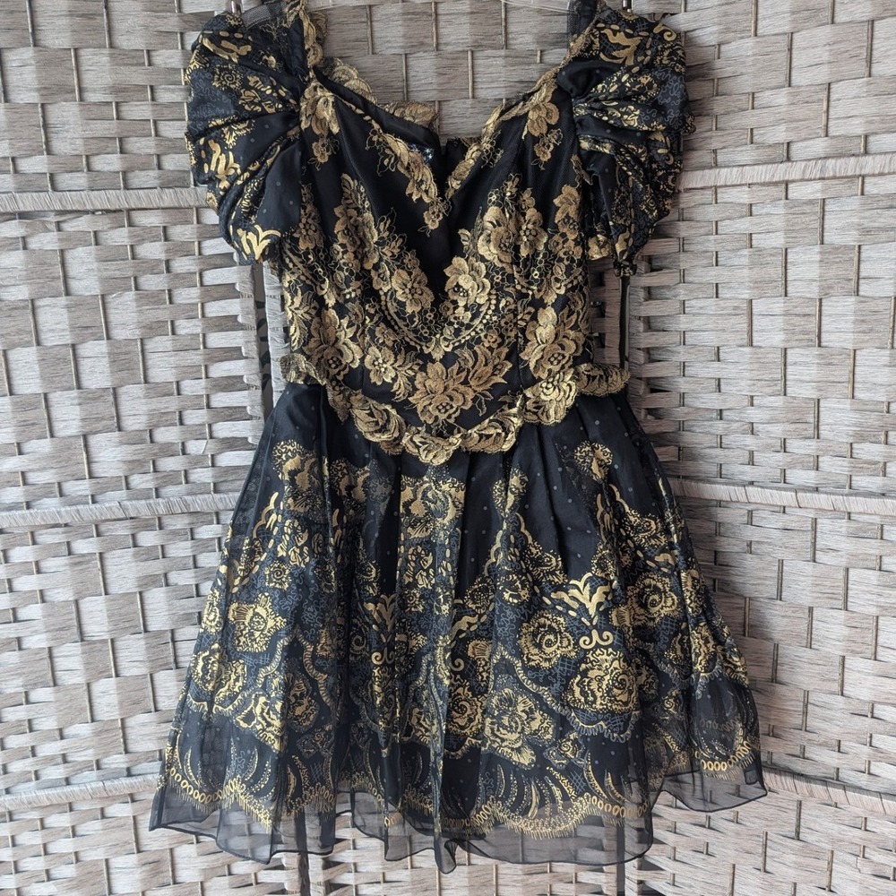 Vtg Zandra Rhodes London Silk Black Gold Brocade‎ Lace Dress Handmade in England